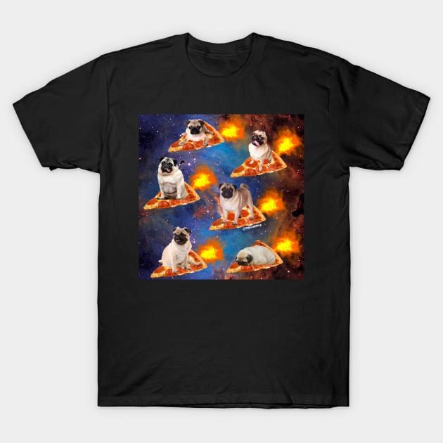 Pugs in Space Riding Pizza T-Shirt by darklordpug